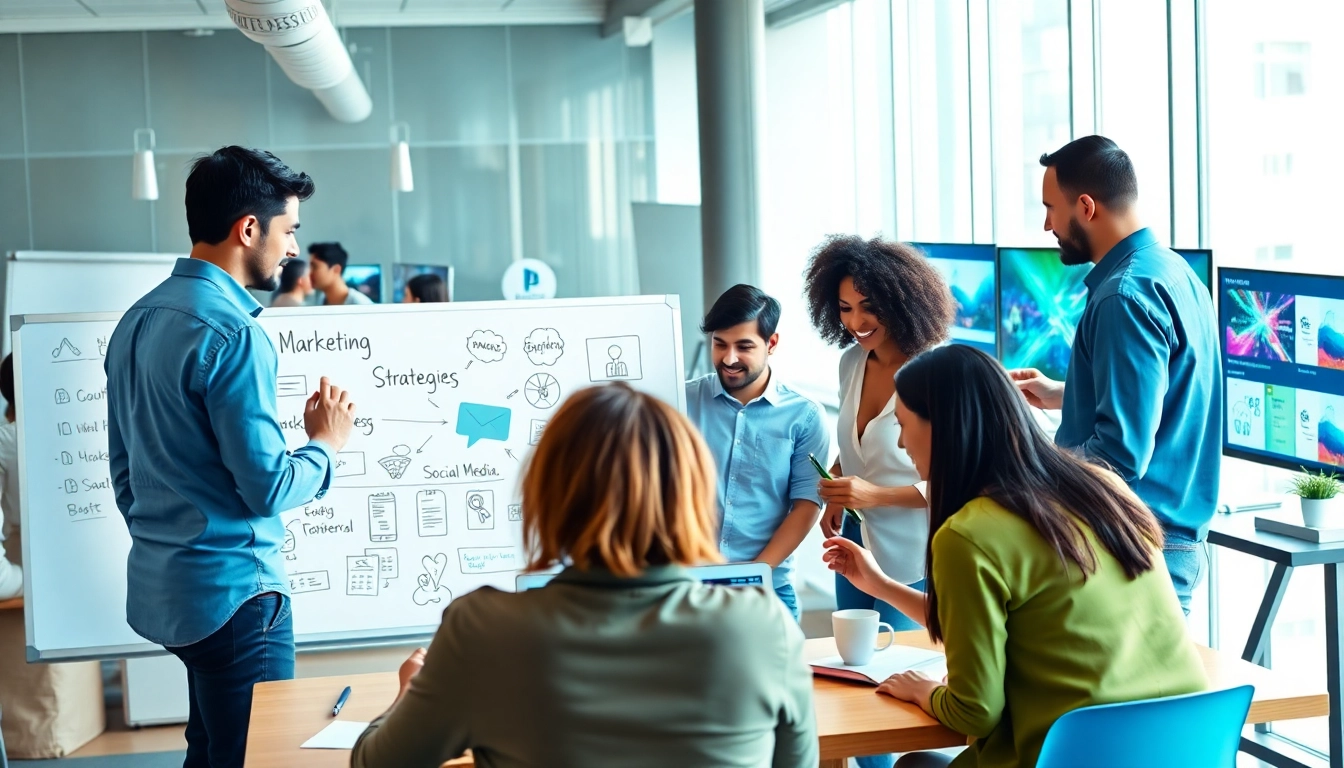 Engaged team working at a social media agency, brainstorming and strategizing with digital tools.