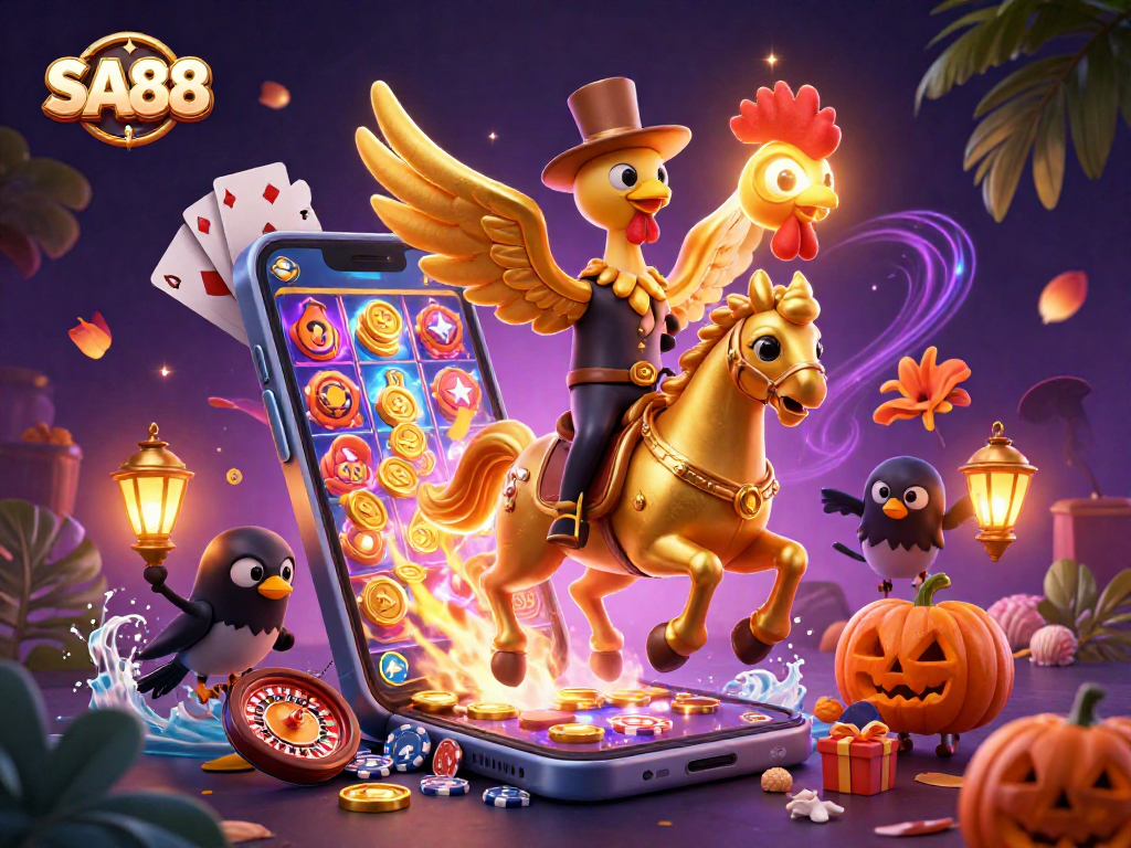 SA88 delights gamers with vibrant casino action featuring a golden rooster and crow companions.