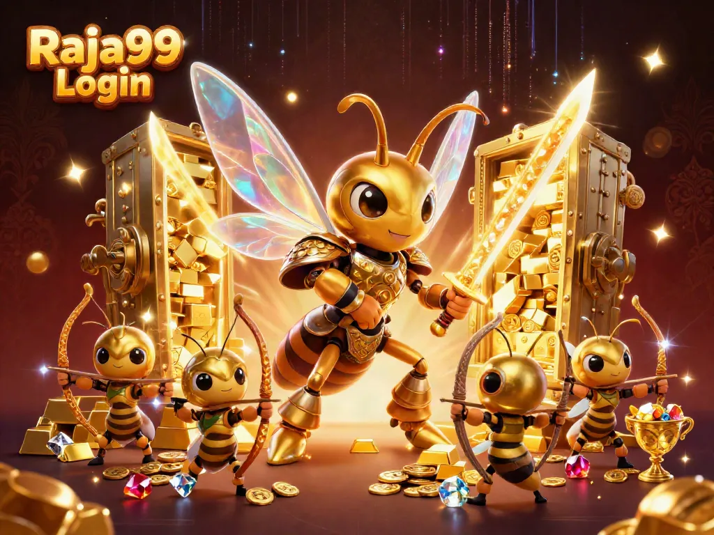Raja99 Login menawarkan pengalaman bermain slot yang menarik dengan simbol mesin slot dan harta berkilau.