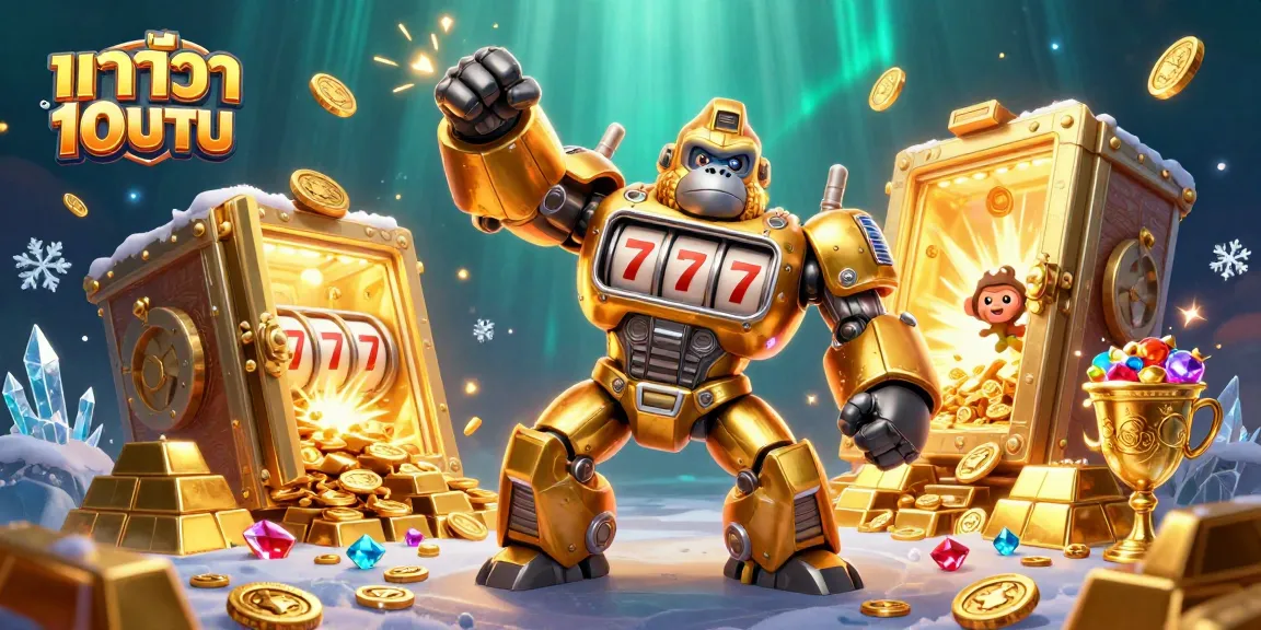 Win big with บาคาร่า 10 บาท in this dynamic casino scene featuring a golden gorilla mech.