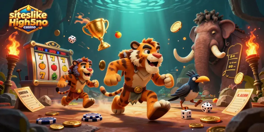 Engage with siteslikehigh5casino in a dynamic casino scene featuring cavemen, a sabertooth tiger, and slots.