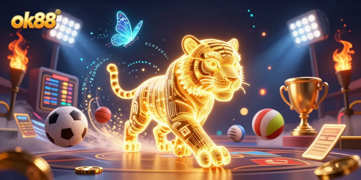 Experience the thrill of ok88's energy-filled digital casino with a golden tiger and dynamic sports elements.