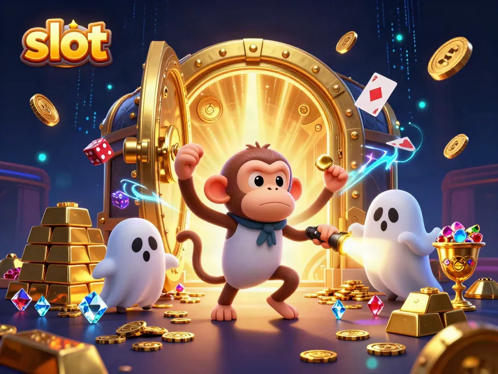 Exciting slot scene with a mischievous monkey juggling golden objects in a haunted casino.