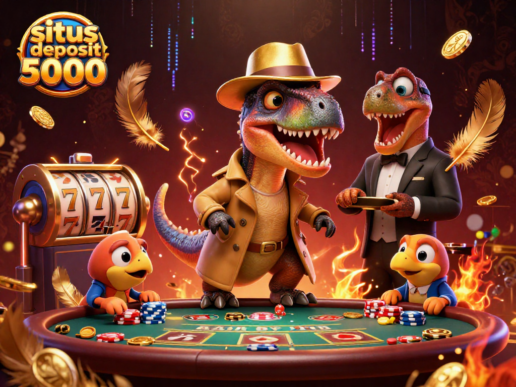 Engage in thrilling gameplay at situs deposit 5000 with a dynamic scene of animated gambling characters.