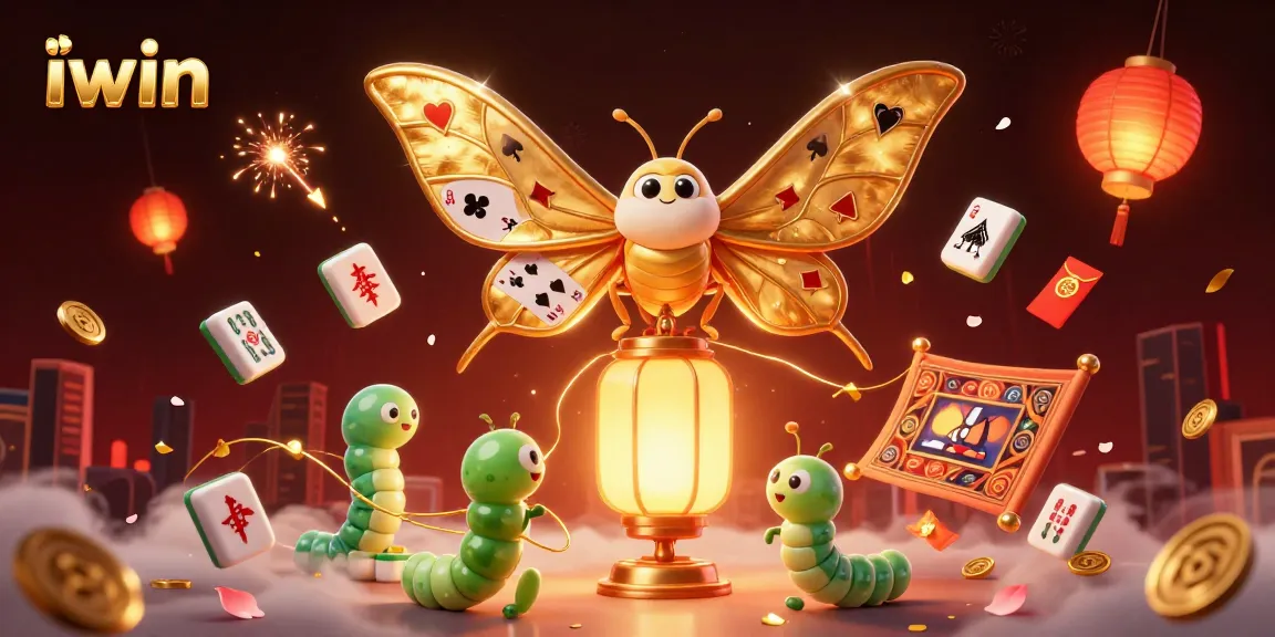 Spin to win with iwin: Enchanting golden moth and vibrant casino scene illustration