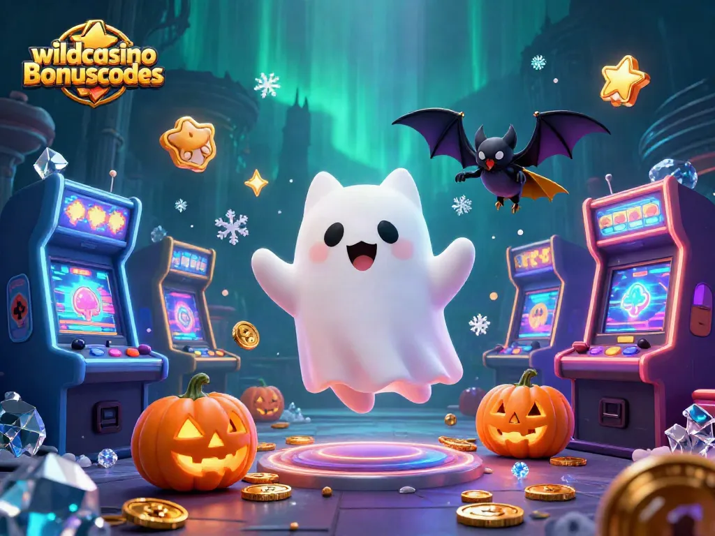 Explore wildcasinobonuscodes in a vibrant scene with a playful ghost cat and bat amidst gaming excitement.