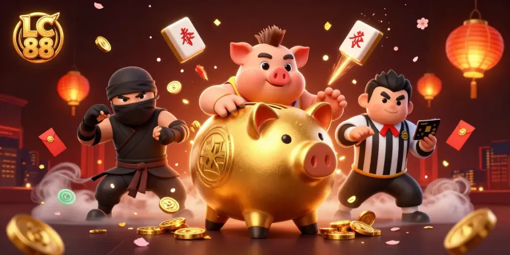 Win big with LC 88 through a dynamic 3D casino illustration featuring pivotal gambling characters and elements.