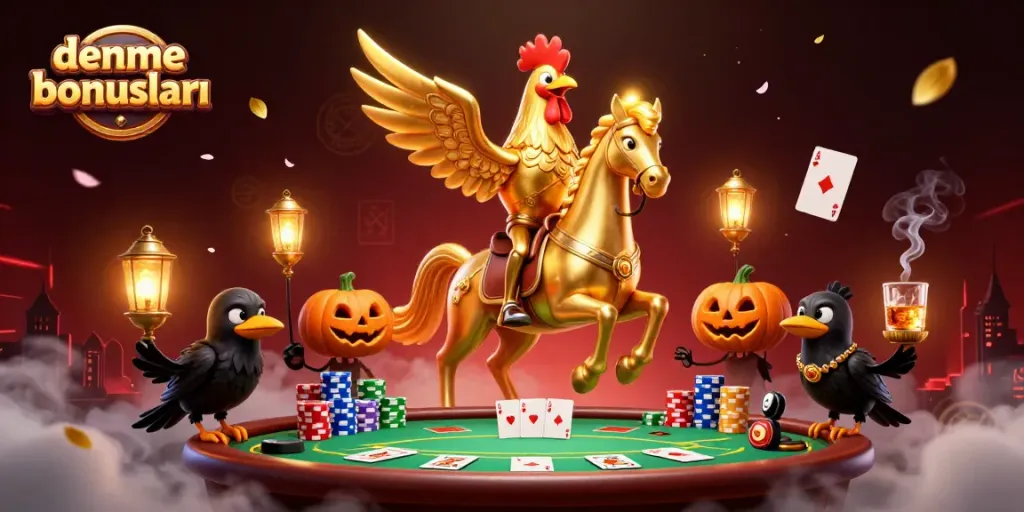 Engage with deneme bonusları in a vibrant casino scene featuring a golden rooster and its companions.