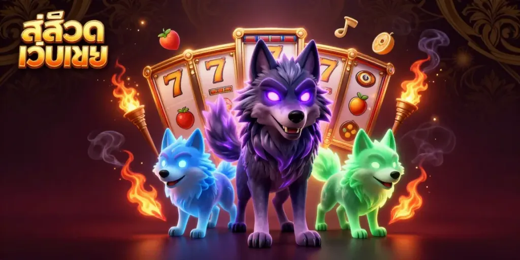 Engage with สล็อตเว็บตรง featuring ghostly wolves and dynamic slot elements in a magical casino scene.