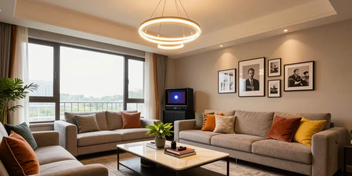Ilustrație cu lustra living modernă, confortabilă și elegantă, iluminând un interior primitor.