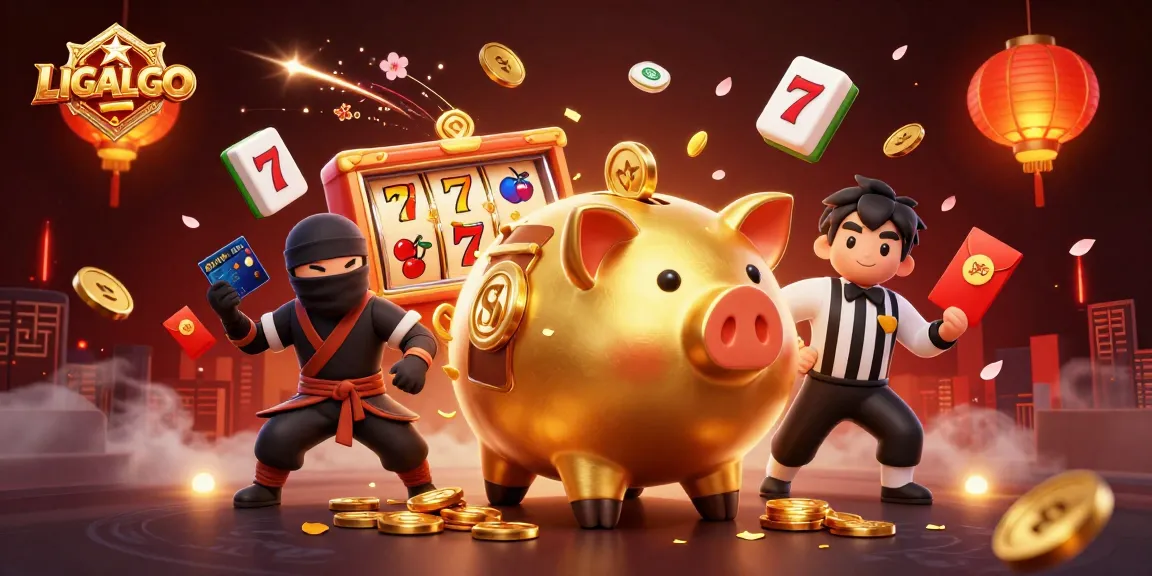 LIGALGO's exciting slot games come alive with a golden piggy bank sumo wrestler and thrilling game elements.
