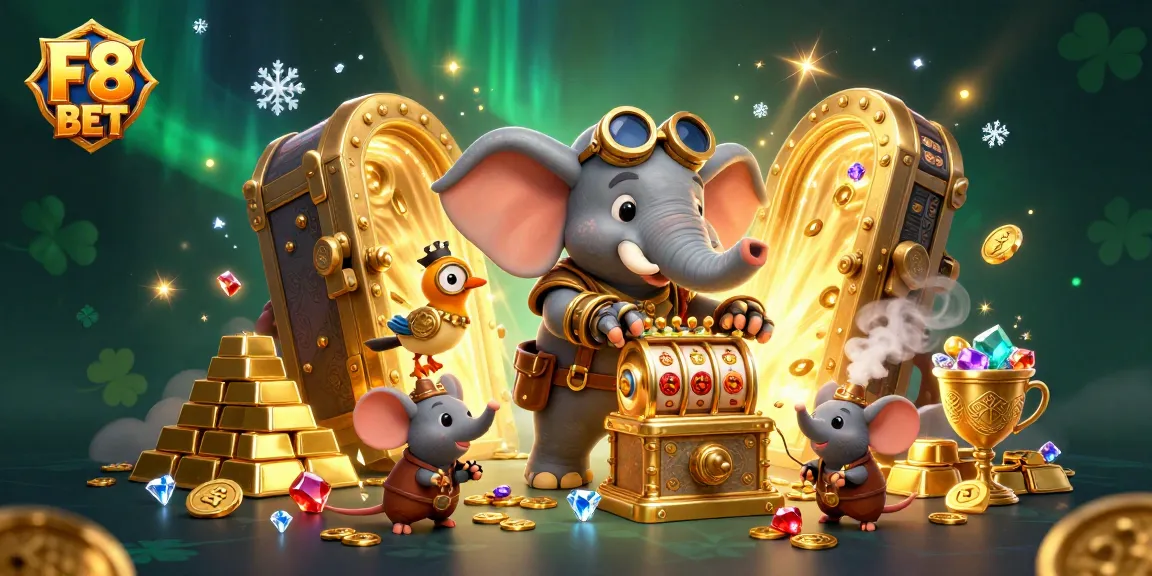 Engage with F8 BET's thrilling world as the steampunk elephant engineer spins the golden slot machine!