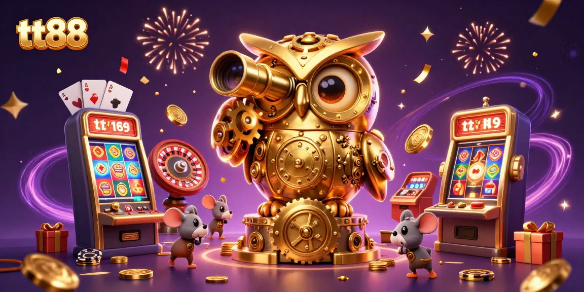 Experience excitement at TT88 casino with a clockwork owl and animated patrons enjoying slots.