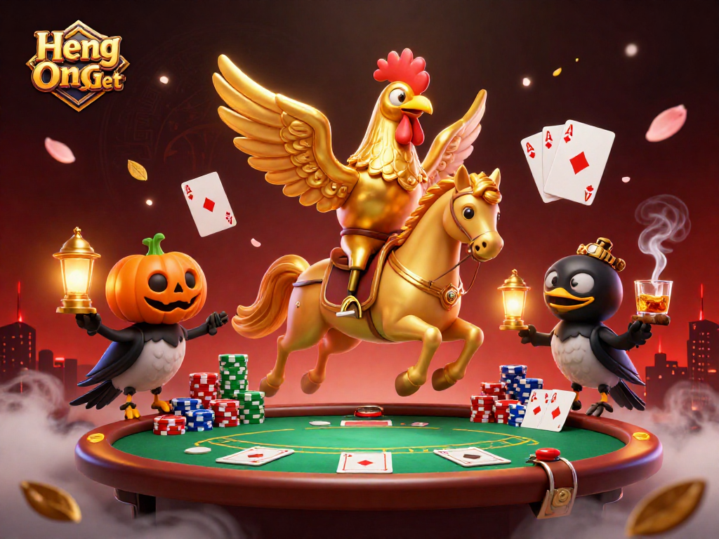 Join the action at Heng Ong Bet with a golden rooster and friends in this vibrant casino scene.