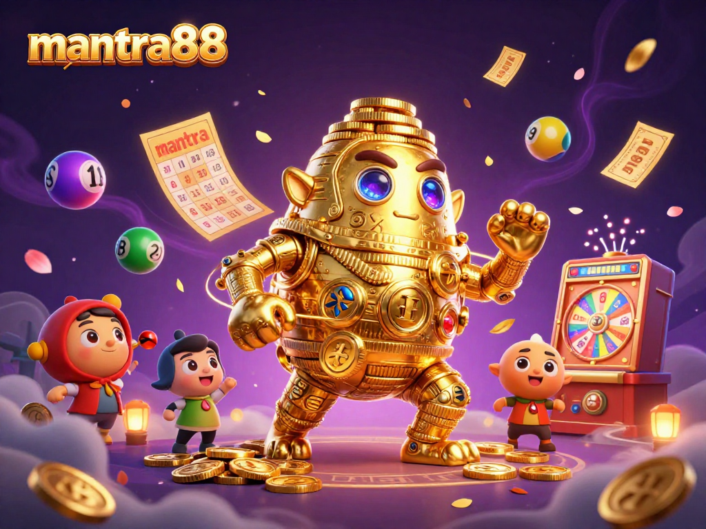Experience the excitement with mantra88's vibrant golden golem and lottery-themed elements.