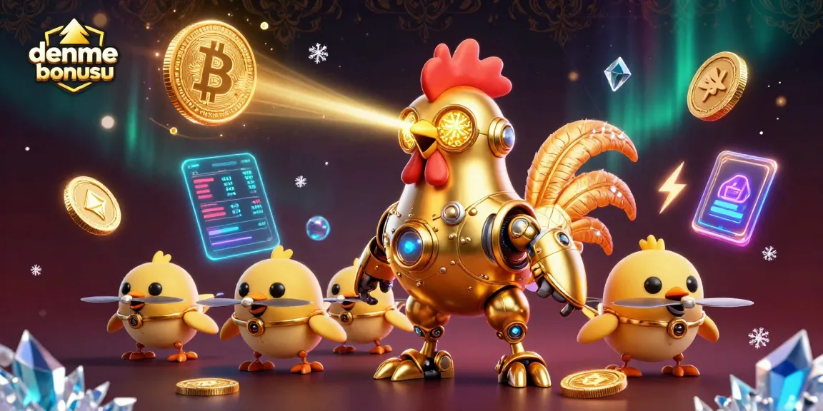 Interact with the thrilling deneme bonusu scene featuring a futuristic golden rooster robot and crypto elements.