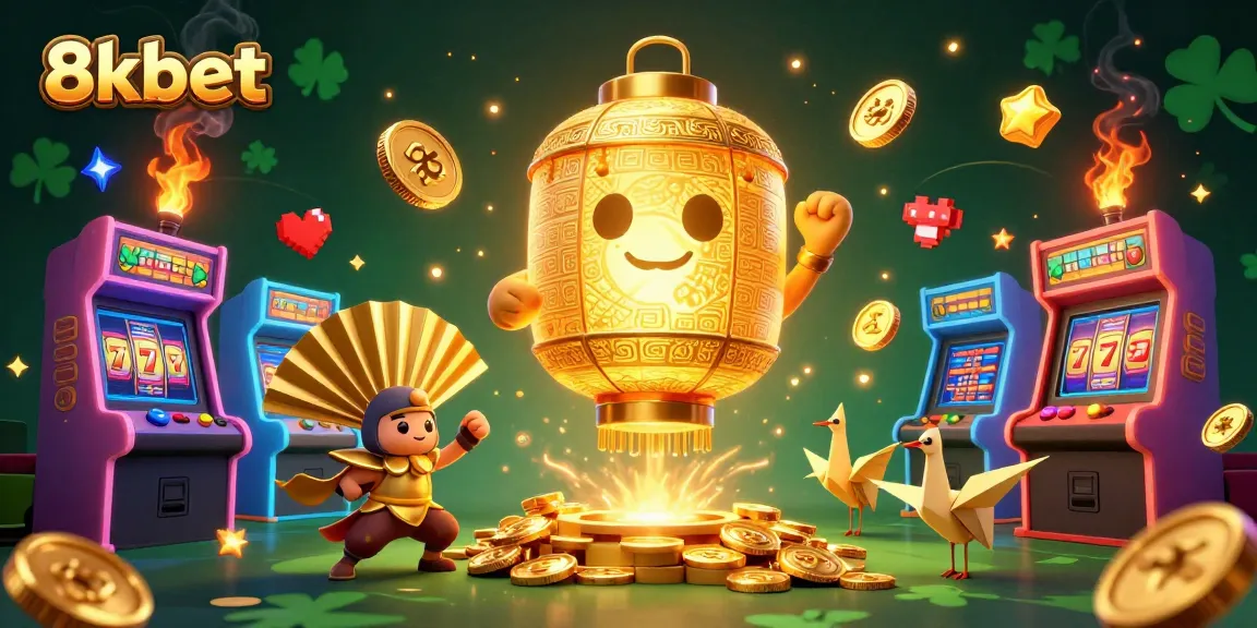 Experience thrilling casino action with 8kbet, featuring vibrant games, golden lanterns, and lucky symbols.