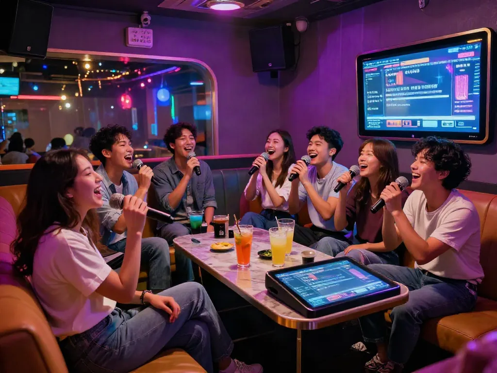 강남 달토에서 친구들과 즐거운 가라오케 시간을 보내는 모습