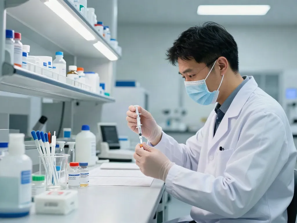 Scientist preparing hospira bac water in a sterile laboratory environment.