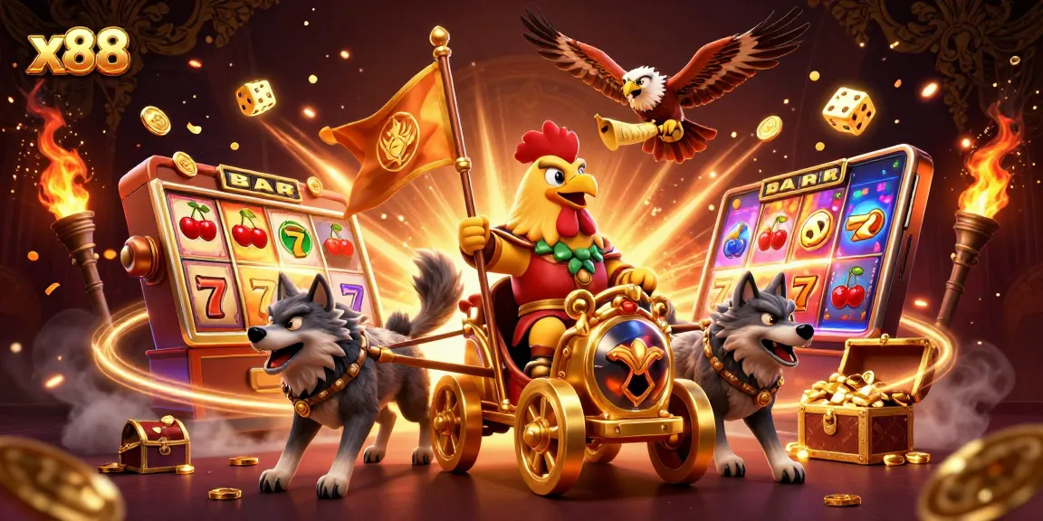 x88 showcases dynamic casino action with a rooster warlord and jackpot symbols