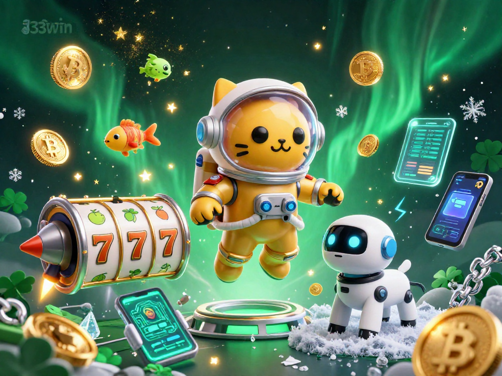 Experience exciting gameplay at 33win with captivating slot reels and Bitcoin elements in a dynamic 3D scene.