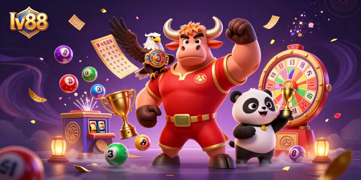 lv88's dynamic casino scene featuring a muscular bull mascot, an eagle, and a panda amidst vibrant game elements