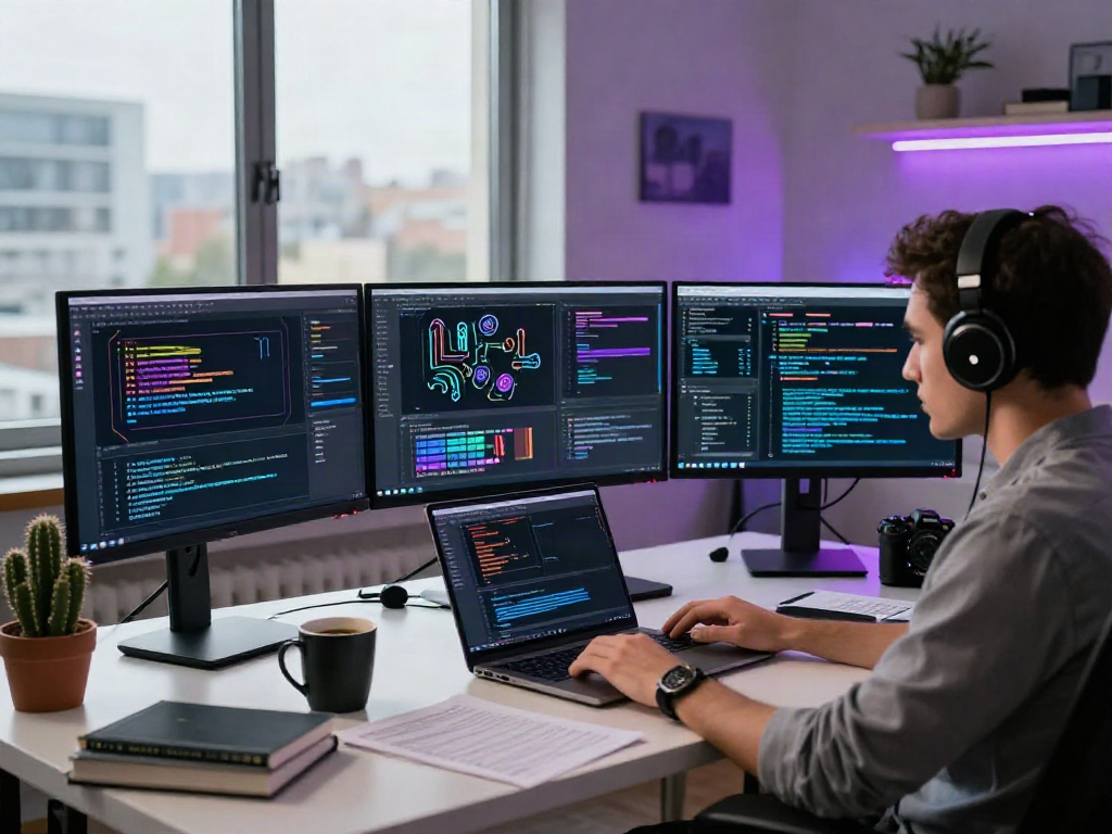 AI Detection workspace with monitors showcasing algorithms and data analysis, reflecting modern tech environment.