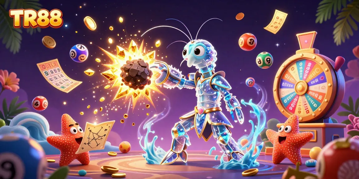 TR88 showcases a galactic mantis shrimp bursting asteroids, surrounded by vibrant casino elements.