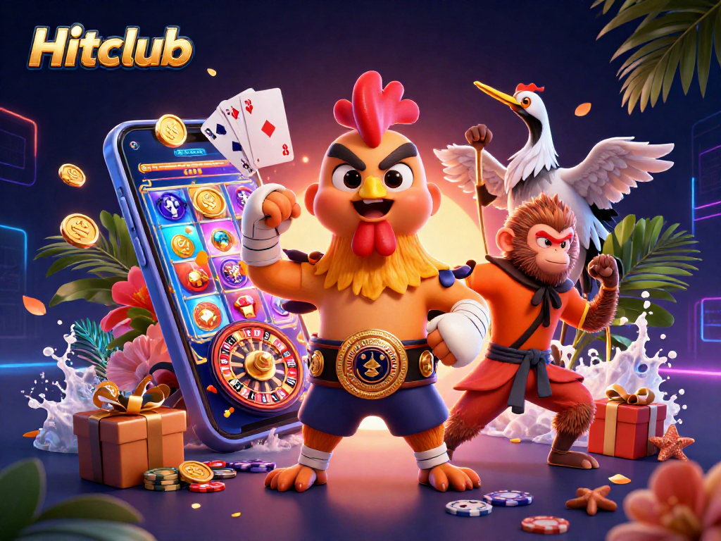 Explore the action at Hitclub with a vibrant scene of a Muay Thai rooster, Shaolin monkey, and crane master amidst exciting gaming elements.