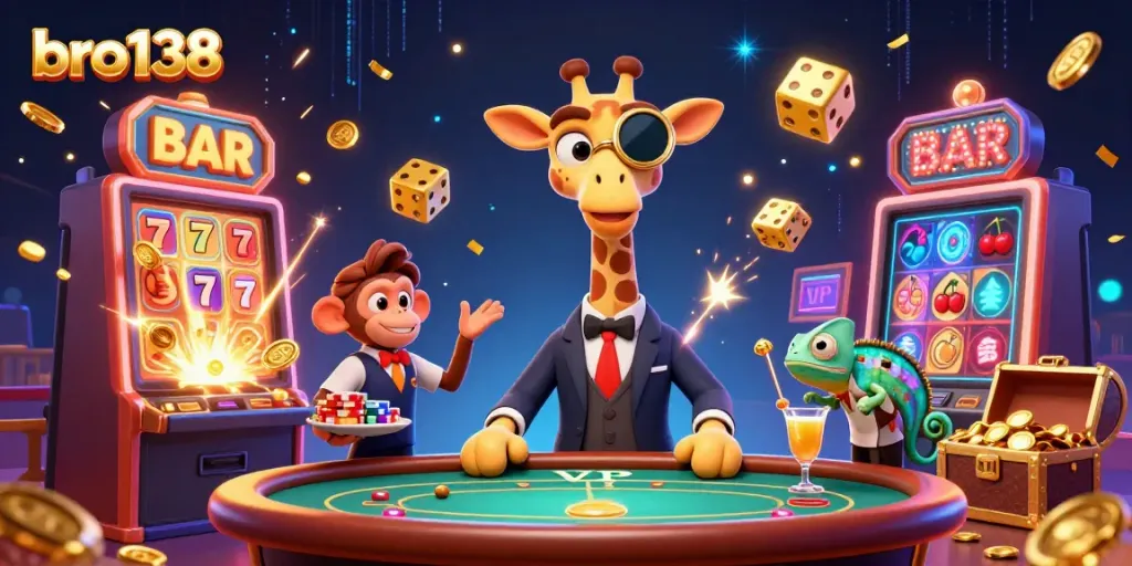 Experience thrilling jackpots at bro138 with 3D high-roller characters in a vibrant casino scene.