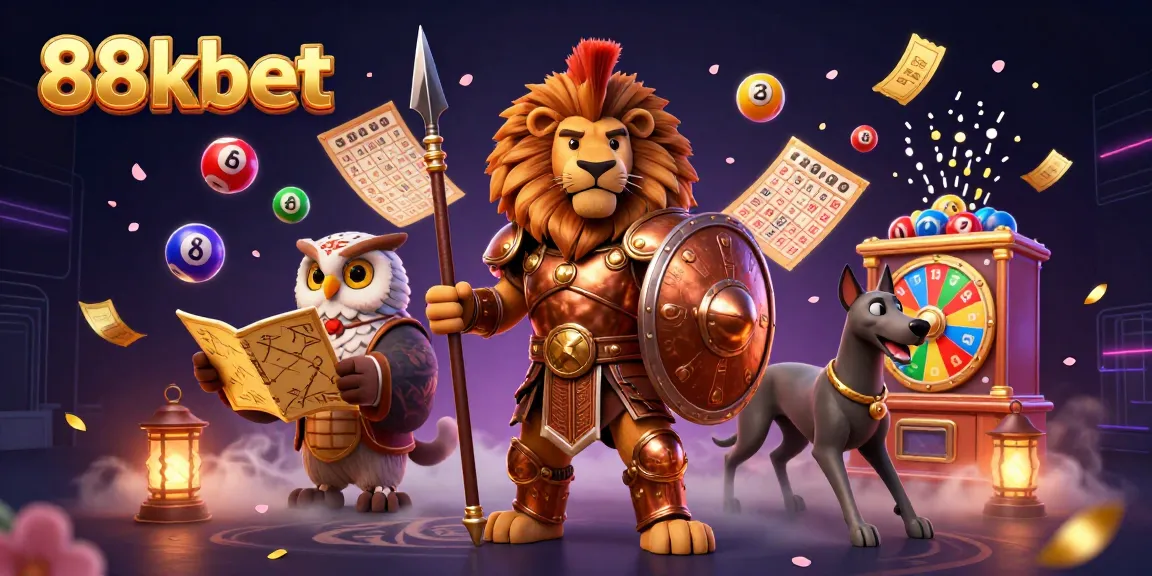 Engage with 88kbet in this vibrant 3D scene full of lottery elements and colorful characters.