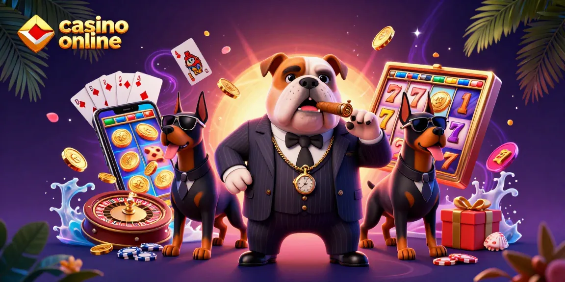 Immagine vivace di un boss mafia bulldog in un casinò online, con elementi di gioco e monete dorate.