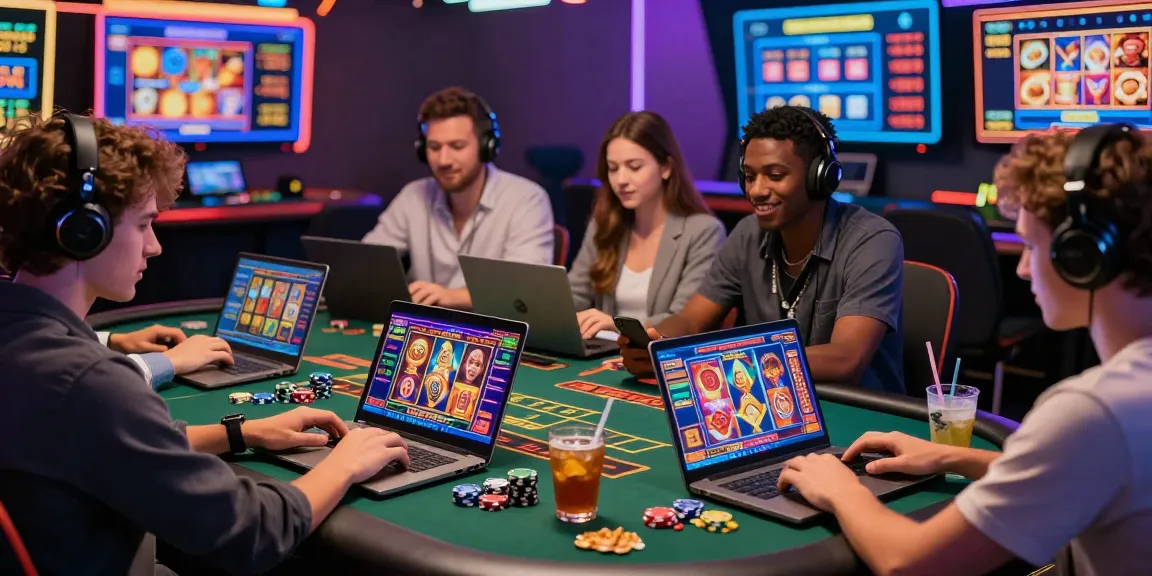 MPOCASH online gambling experience with players engaging in slots and sports betting, showcasing vibrant digital interfaces and accessories.