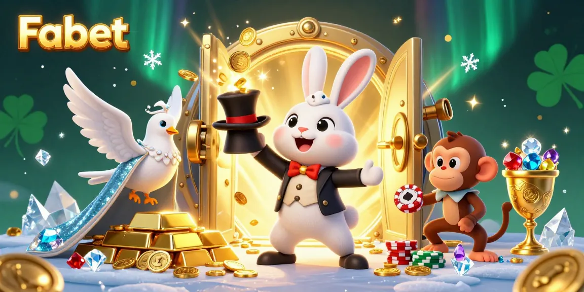 Experience Fabet with a captivating 3D scene of a magician rabbit, dove, and monkey amidst treasures.