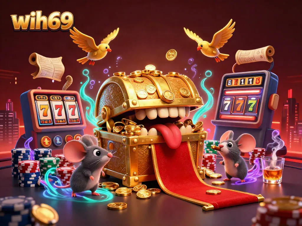 Tangkap momen bermain di wih69 dengan mesin slot, jackpot dan karakter lucu dalam ilustrasi 3D.