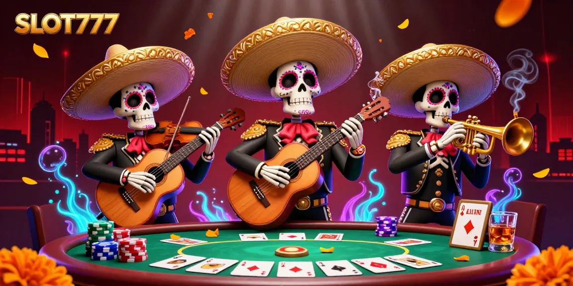 Unleash fun and excitement with SLOT777 as a mariachi band entertains at a vibrant casino scene overflowing with game elements.