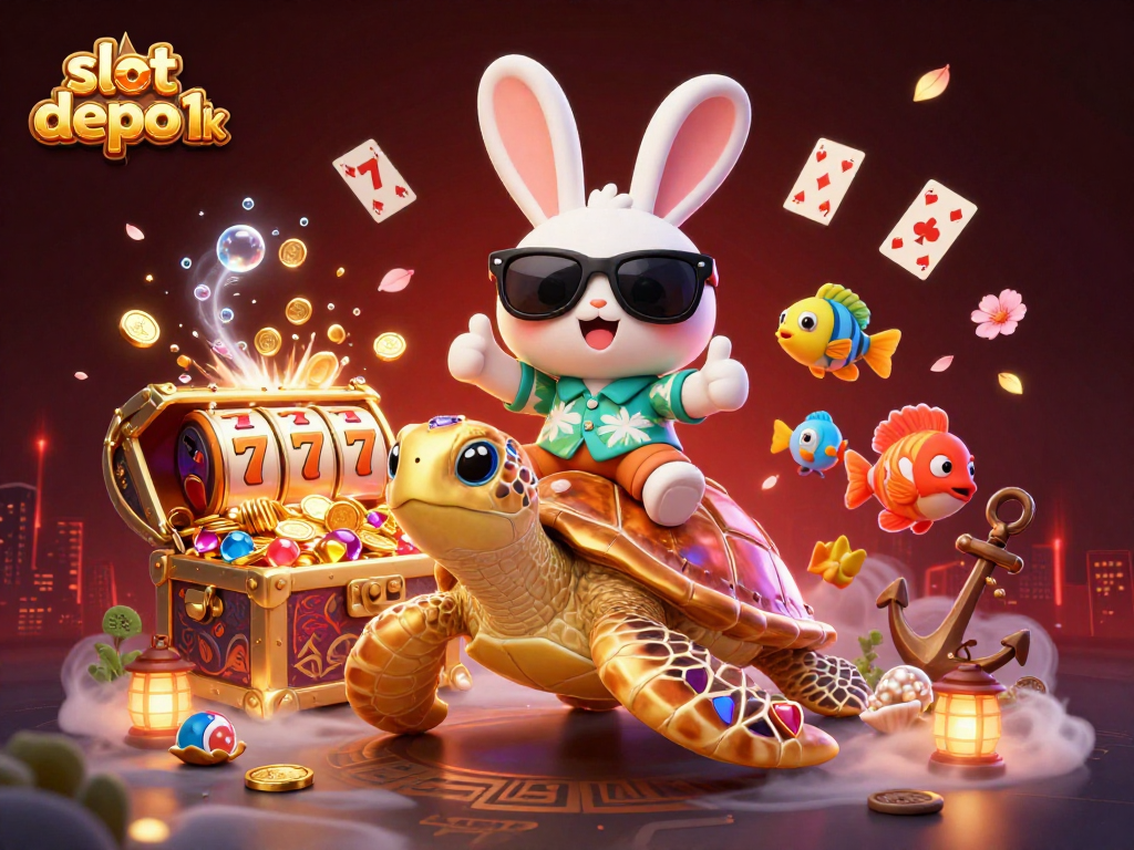 Spin the reels on slot depo 1k with a lucky rabbit on a giant turtle surrounded by treasures.