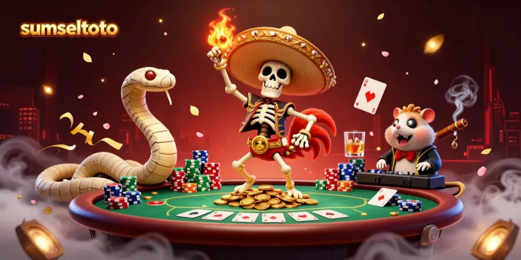 Sumseltoto showcases a vibrant 3D scene with a mariachi rooster dancing on gold coins, surrounded by poker elements.
