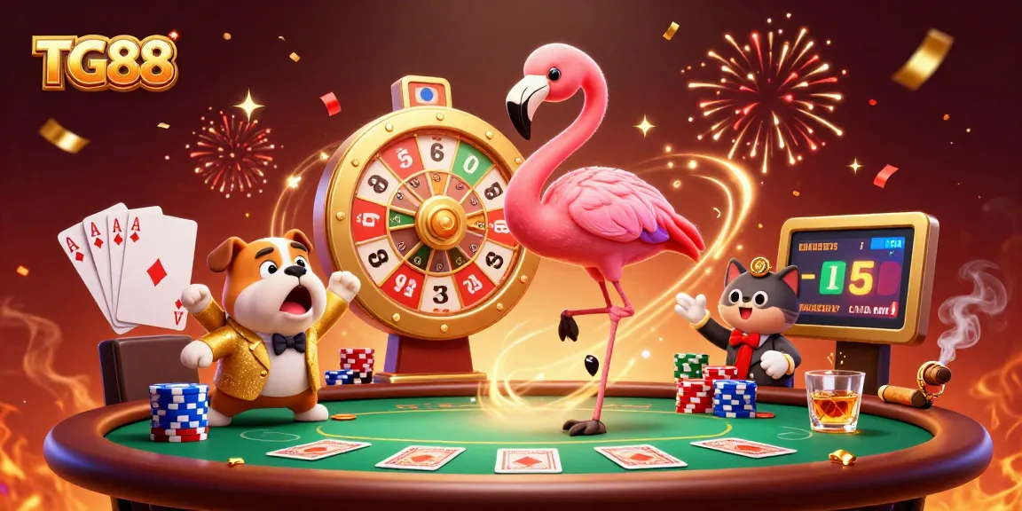 Join the excitement of TG88 as a whimsical flamingo spins the prize wheel, showcasing thrilling gambling action.