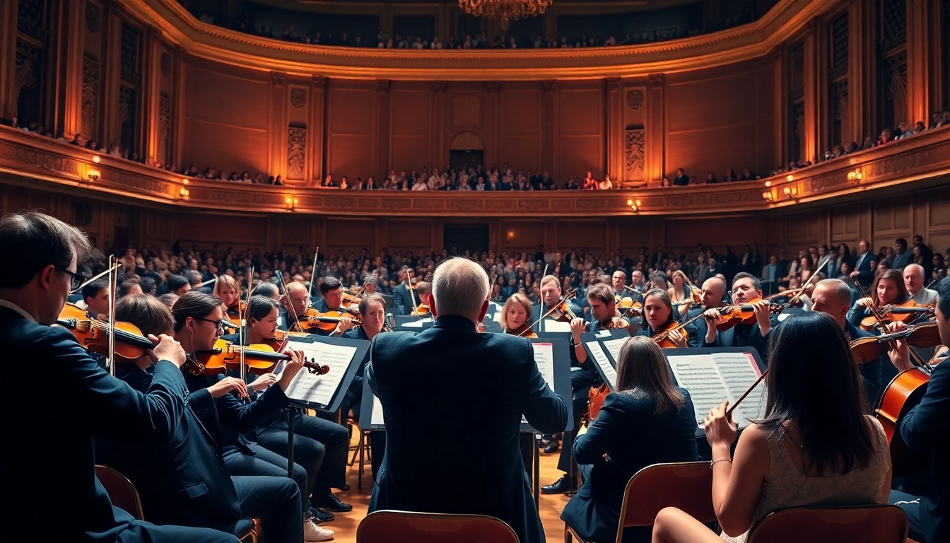 Ascultă muzica clasica de la un orchestră pasionată într-o sală de concert elegantă.
