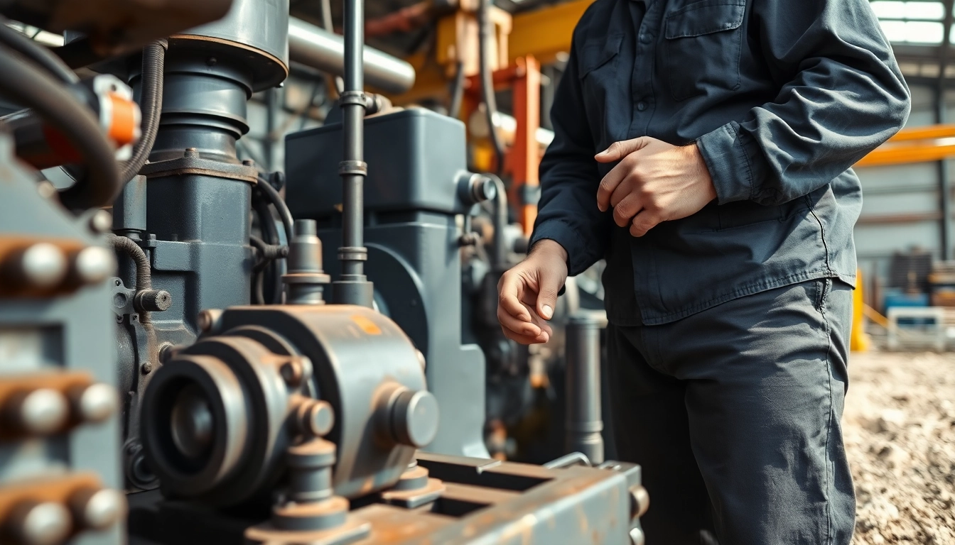 Technician performing on-site hydraulic repair on heavy machinery at a construction site.
