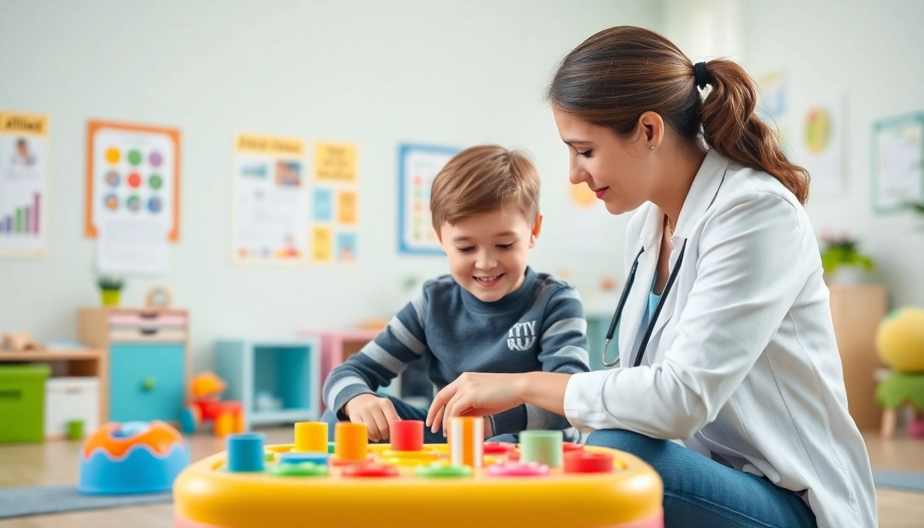 Child receiving Autism help in a bright therapy room with supportive atmosphere.