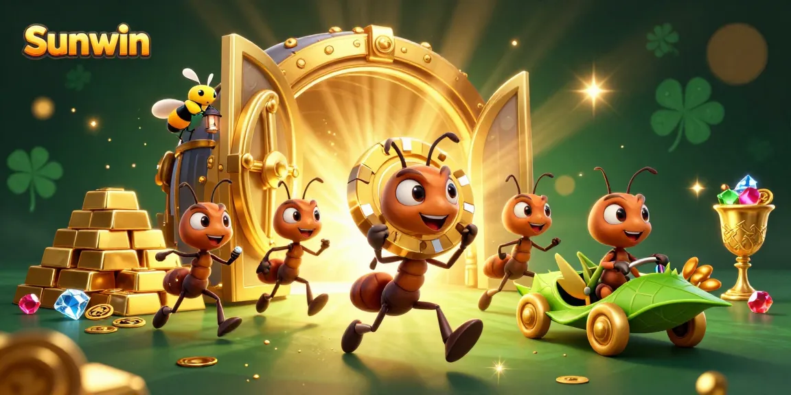 Sunwin reveals a thrilling heist by cartoon ants transporting a giant poker chip in a vibrant casino scene.