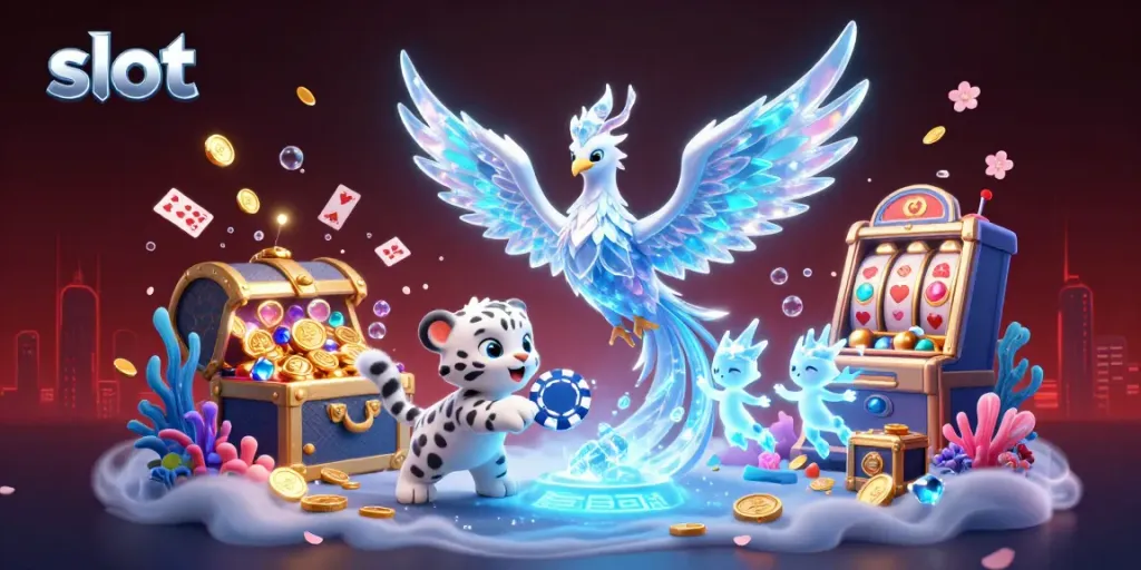 Slot menampilkan phoenix es bersinar dan paduan simbol permainan yang menarik.