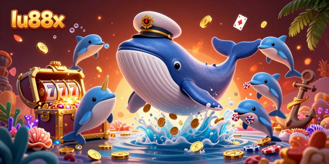 Engage with the vibrant lu88x universe of online slots, featuring a whale and playful dolphins.