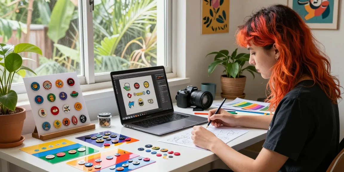 Custom pins displayed in a creative workspace, showcasing vibrant designs and a designer at work.