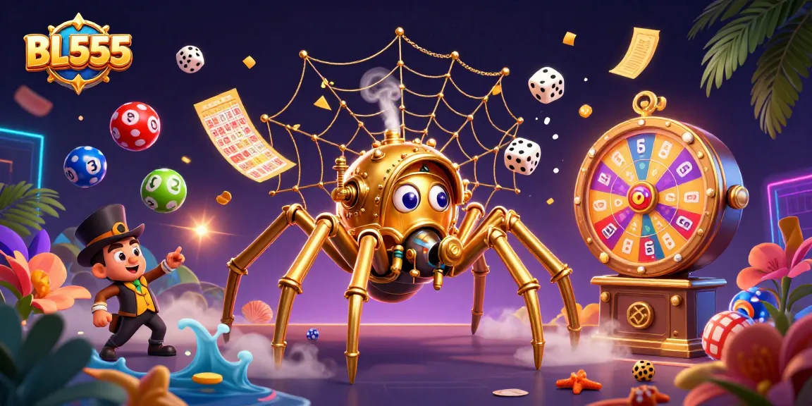 Engage with BL555 as a golden spider weaves a web of winning lottery balls and dice in an enchanting casino scene.