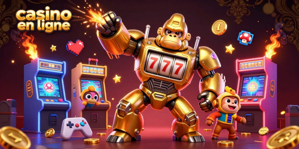 Jouez au casino en ligne avec une illustration animée dévoilant un gorille doré aux éléments de machines à sous.
