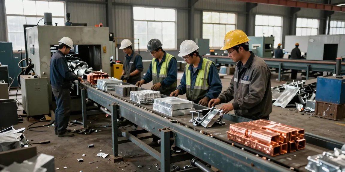 Pengendalian kualitas logam bekas di https://www.scrapsolutionplace.com/, pekerja memeriksa besi dan aluminium.