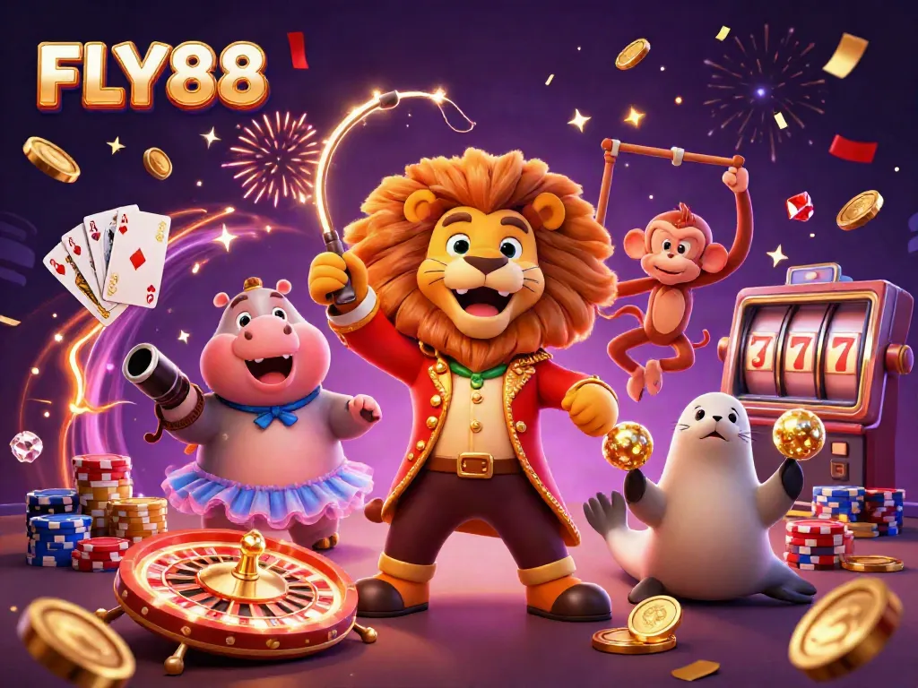 Win big with FLY88’s vibrant casino characters amidst sparkling gems and golden coins.